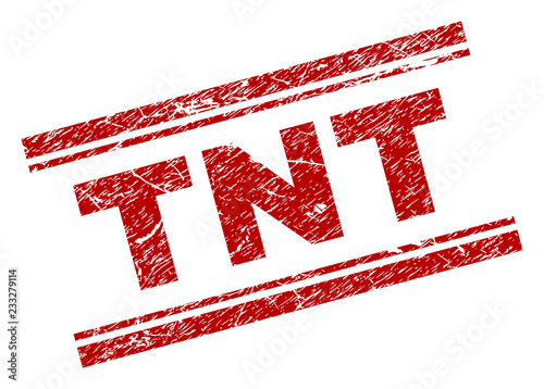 TNT seal print with grunge texture. Red vector rubber print of TNT text with grunge texture. Text caption is placed between double parallel lines.