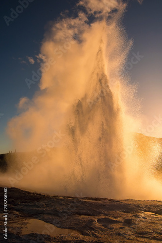 Strokkur is a fountain geyser located in a geothermal area in Iceland, during an eruption, erupting once every 6–10 minutes, its usual height is 15–20m