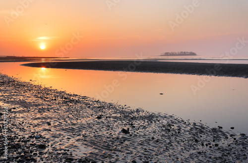 Overview of beautiful Silver Sands Beach at sunrise at low tide at Silver Sands State Park , Milford Connecticut, USA. Photo shows Charles Island in the background.