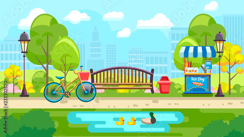 Urban vector design of colorful city park with bench and pond on urban background