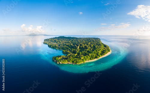 Aerial view tropical beach island reef caribbean sea. Indonesia Moluccas archipelago, Banda Islands, Pulau Ay. Top travel tourist destination, best diving snorkeling.