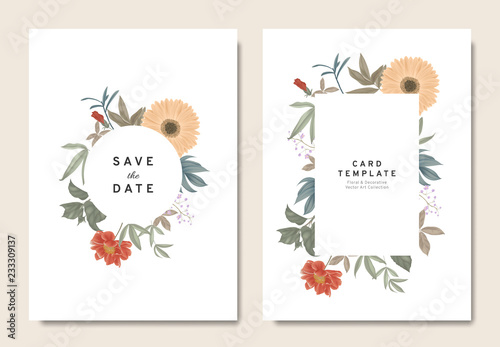 Floral wedding invitation card template, bouquets of orange gerbera, paenia lactiflora, Thalictrum delavayi, hibiscus and leaves with circle and rectangle frames on white background, vintage style