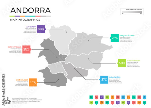 Andorra map infographics with editable separated layers, zones, elements and district area in vector