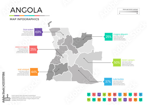Angola map infographics with editable separated layers, zones, elements and district area in vector