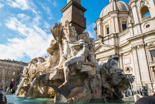 Italy, Rome Piazza Navona, the fountain of four rivers designed by G.L.Bernini.