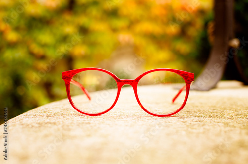 Rounded eyeglasses on autumn background