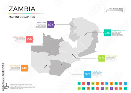 Zambia map infographics with editable separated layers, zones, elements and district area in vector