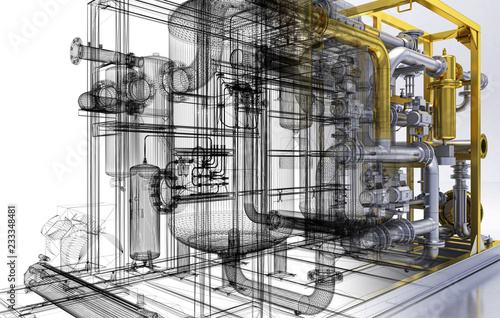 Impianto di pompe, piping, BIM, illustrazione 3d