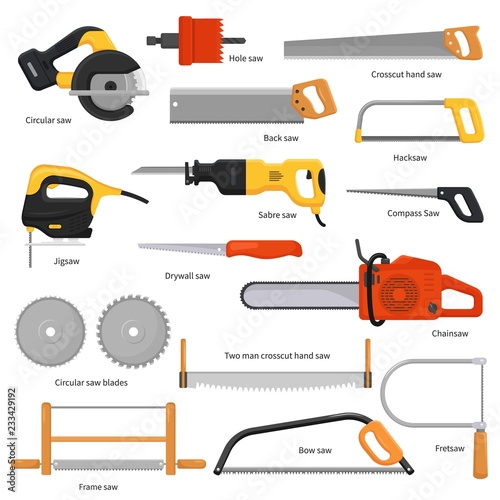 Saw vector sawing equipment hand-saw hacksaw chainsaw and pullsaw sawdust carpentry metal tool with sharp blade for construction fretsaw bow-saw jigsaw illustration set isolated on white background