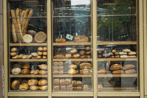 Various type of breads on display at a bakery, New York City, New York State, USA