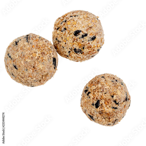 Fat balls for feeding wild garden birds, suet, no nets, isolated on white background.