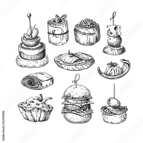 Finger food vector drawings. Food appetizer and snack sketch. Ca