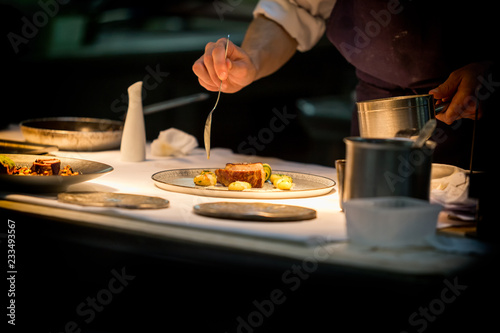 Chef preparing a dish with meat on a plate under a light. The chef is meticulous. 