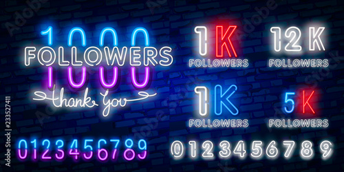 1000 followers neon sign on the wall. Realistic neon sign with number of followers. Vector illustration for celebrating a large number of subscribers in social networks.
