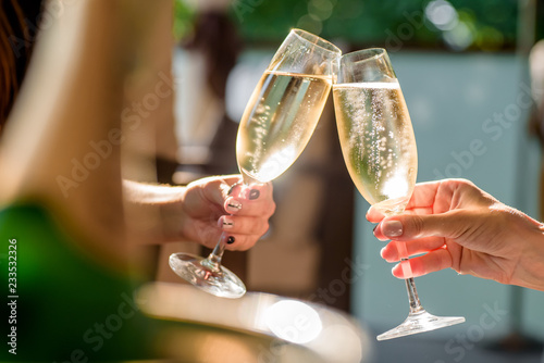two girls clink glasses of champagne on a beautiful summer terrace. sparkling champagne glasses
