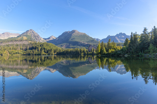 morning landscape with lake in mountains