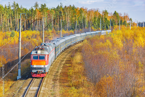 Passenger train from Beijing to Moscow approaches to the station.