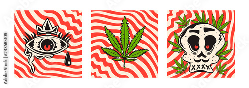 Cannabis leaf, eye and skull. Abstract line stripe vector background.