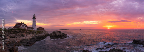 Portland Head Lighthouse Panorama at sunrise in Cape Elizabeth, Maine 