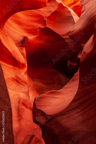 Brilliant colors of Upper Antelope Canyon, the famous slot canyon in the Navajo reservation near Page, Arizona, USA. Beautiful view of amazing sandstone formations in the famous antelope canyon
