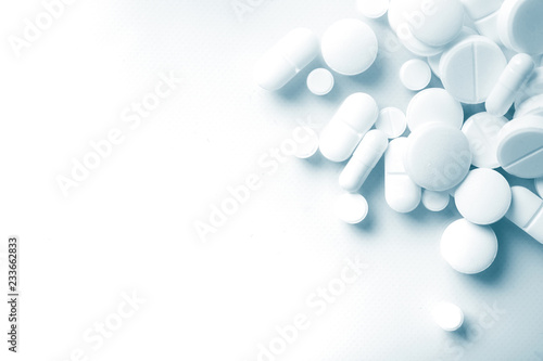 Pharmacy theme, white medicine tablets antibiotic pills.