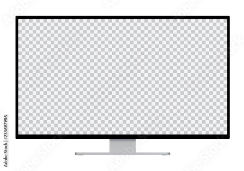 Realistic illustration of black computer monitor with silver stand and blank transparent isolated screen with space for your text or image - isolated on white background
