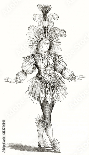 Old engraved full body portrait of King Louis XIV (1638 - 1715) wearing a luxury sun costume, isolated on white. After old engraving in Hennin collection published on Magasin Pittoresque Paris 1839