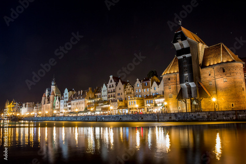 Historical buildings on the promenade of Gdansk at night. Poland