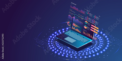 Application of laptop with business graph and analytics data on isometric laptop . Analysis trends and financial strategy by using infographic chart. Online statistics and data Analytics. Vector 