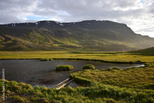 Wonderful Icelandic landscape near the hot pot Grettislaug on peninsula Skagi with a mountain and a pond.