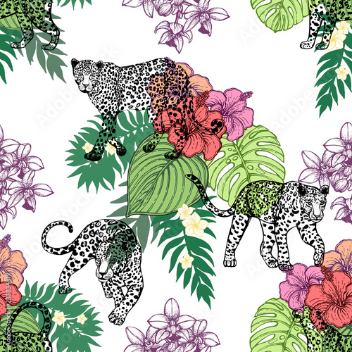 Seamless pattern of hand drawn sketch style exotic flowers, plants and leopards. Vector illustration.