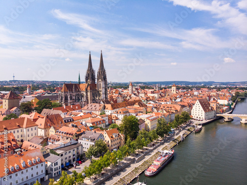 Aerial photography of Regensburg city, Germany. Danube river, architecture, Regensburg Cathedral and Stone Bridge