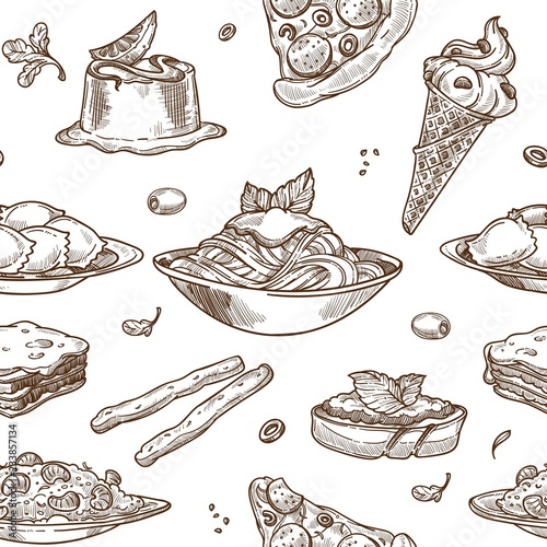 Italian cuisine sketch pattern background. Vector seamless design of traditional Italy food dishes