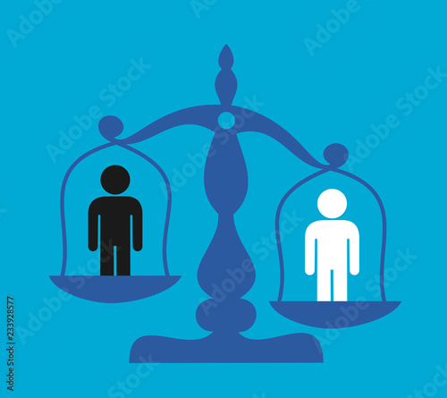 Racial discrimination and inequality based on racial skin color - person is discriminated on the weigh. Multicultural society with problem of racism and ethnic superiority. Vector illustration