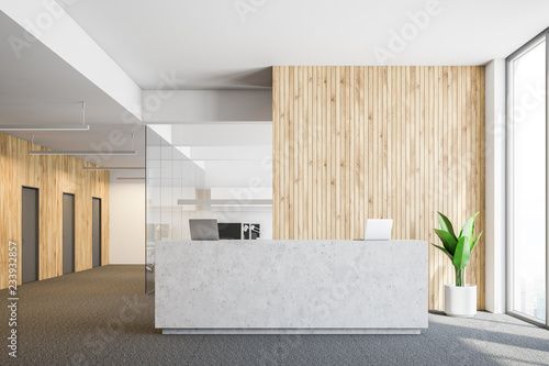 Concrete reception in wooden office