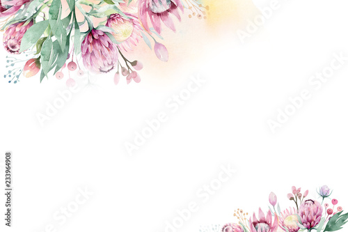Watercolor Floral decoration spring summer background with blossom protea flower. Wedding decoration frame with floral art.