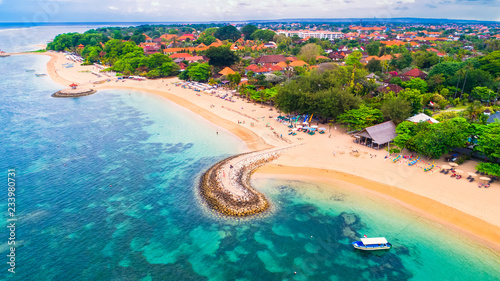 Aerial view of Sanur beach, Bali, Indonesia.