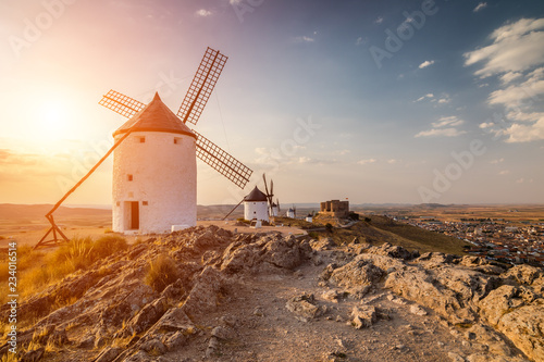 Windmills at sunset in Consuegra, Castile-La Mancha, Spain.