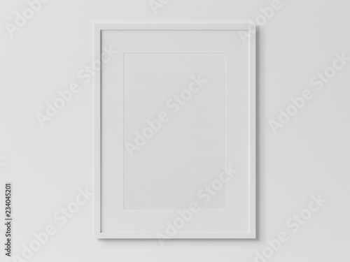 White rectangular vertical frame hanging on a white wall mockup 3D rendering