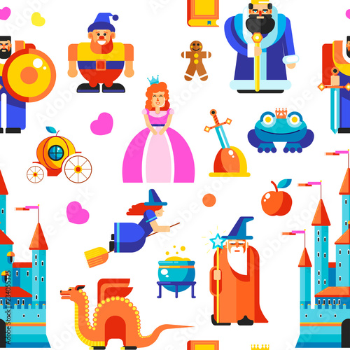 Disneyland princess and wizards, castle seamless pattern vector.