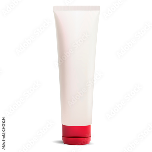 Cream or ointment cosmetic tube with perl white color design and red cap. Realistic package vector illustration. 3d mockup template isolated on white.