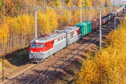 Long freight train approaches to the station at autumn day time.