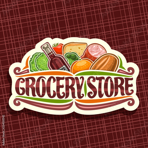 Vector logo for Grocery Store, white decorative signage with heap of fresh variety farming fruits and vegetables, original typeface for words grocery store, label for farmer department in hypermarket.