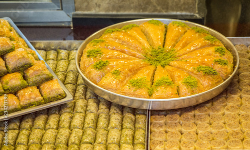 Turkish baklava dessert in tray on display