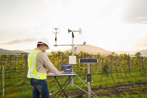 Engineer use tablet computer collect data with meteorological instrument to measure the wind speed, temperature and humidity and solar cell system on grape field, Smart agriculture technology concept