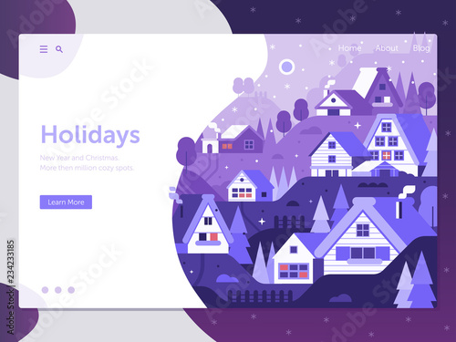 Winter holidays landing page with abstract snowy with winter village rural landscape. Wintertime horizontal web banner in flat design with alp countryside ,cozy snow houses and cabins by night.