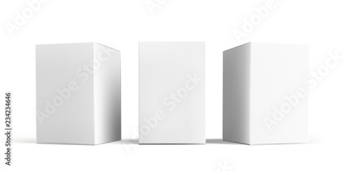 Box mock-up set. Vector isolated 3D white carton cardboard or paper package boxes models templates, angle side and front view