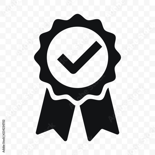 Quality icon, certified check mark ribbon label. Vector premium product certified or best choice recommended award and warranty approved certificate stamp