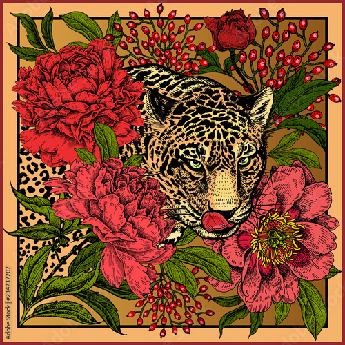 Print with animal leopard and flowers peonies.