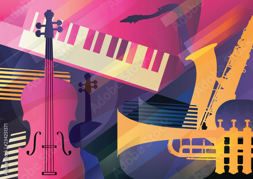 Abstract Jazz Art, Music instruments, trumpet, contrabass, saxophone and piano.